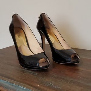 Michael Kors Hamilton Black Patent Peep Toe Heels
